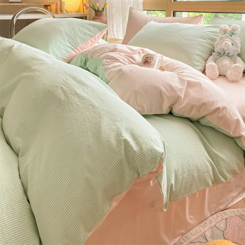 Afralia™ Cotton Striped Bedding Set Yarn Dyed Washed Duvet Cover Single Bedclothes