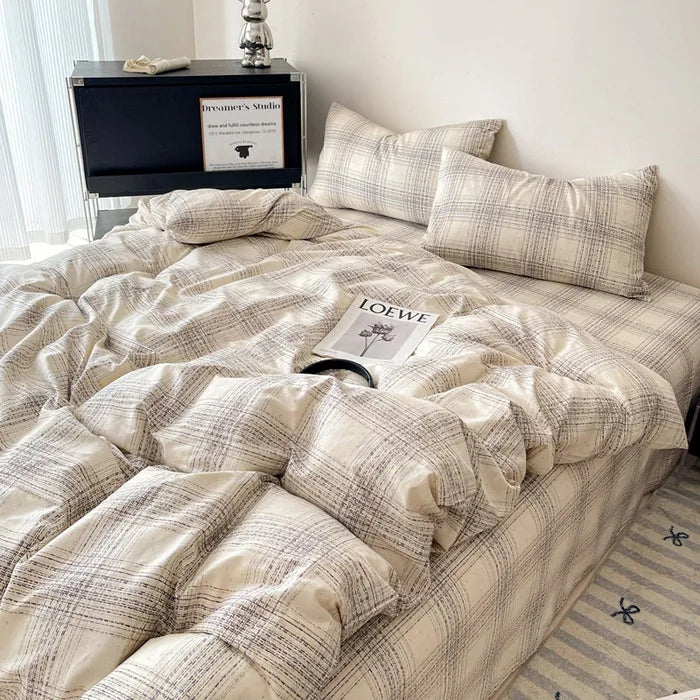 Afralia™ Cotton Grid Bedding Set - Soft & Stylish Bed Sheet, Quilt Cover Kit