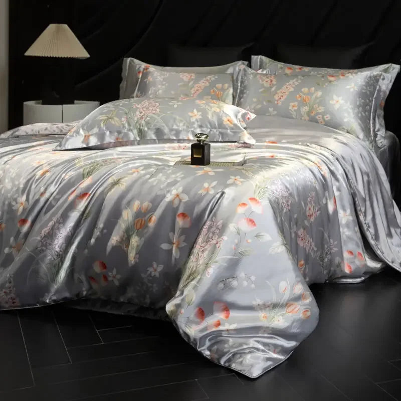 Afralia™ Mulberry Silk Cooling Bedding Set - 3D Printed Satin Fitted Sheet & Quilt Cover