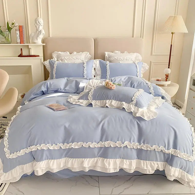 Afralia™ Korean Princess Lolita Bed 4-Piece Set in Solid Washed Cotton