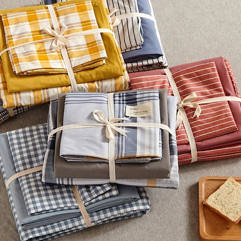Afralia™ Japanese Grid Print Bed Set in Washed Cotton for Summer Comfort
