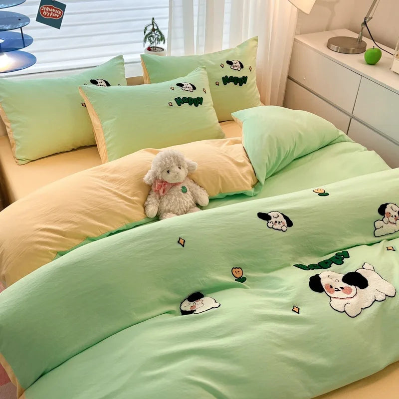 Afralia™ Cartoon Embroidered Cotton Bedding Set for King/Queen Beds