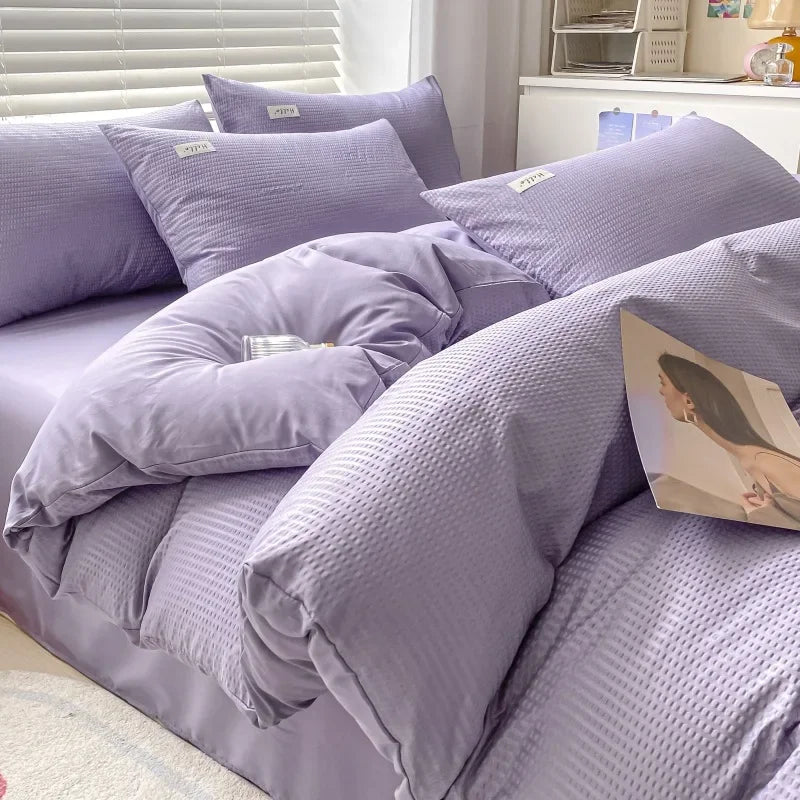 Afralia™ Soft Waffle Comforter Set with Printed Fitted Sheet for Single Double Beds
