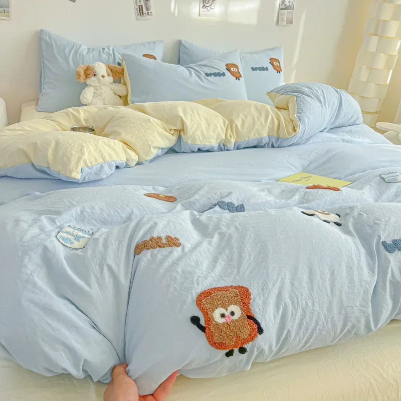Afralia™ Cartoon Embroidery Jacquard Comforter Sets | Washed Cotton | Soft Skin-Friendly Bed Linen
