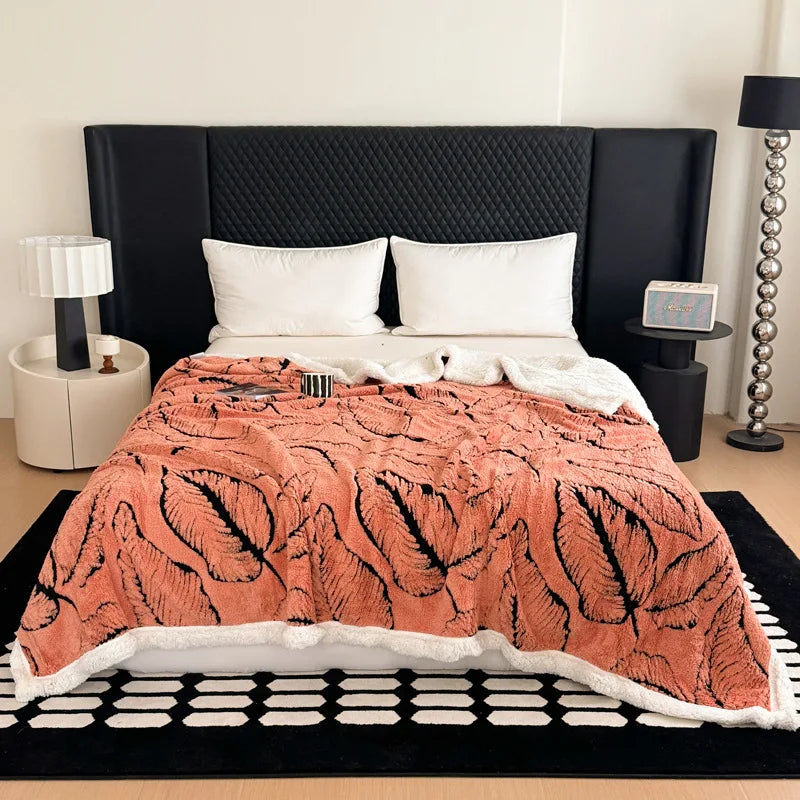 Afralia™ Leaf Jacquard Double-Layer Flannel Blanket for Sofa and Bed