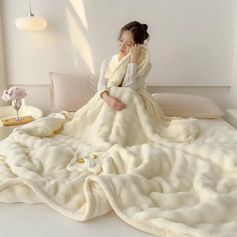 Afralia™ Rabbit Faux Fur Bubble Fleece Plush Blanket Double-Sided for Bed & Sofa