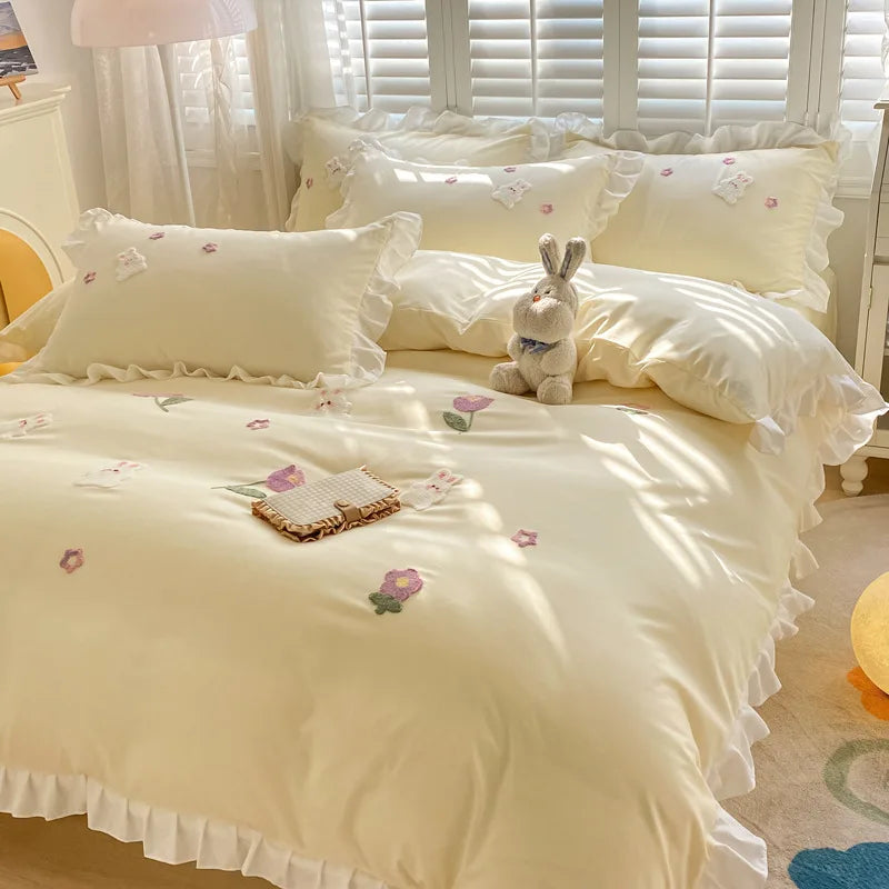 Afralia™ Cartoon Embroidery 100% Cotton Bedding Set King Queen Bedclothes