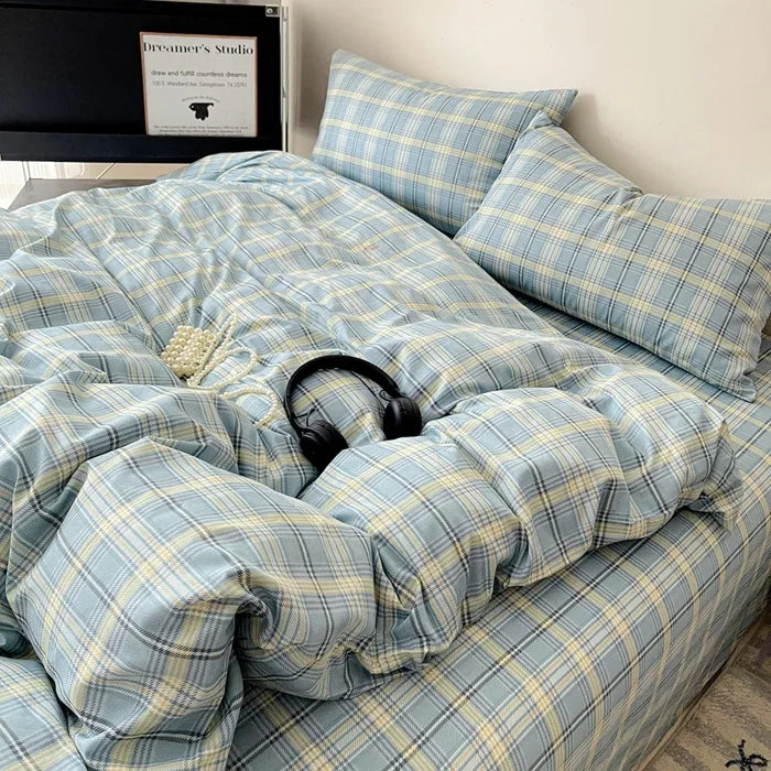 Afralia™ Cotton Grid Bedding Set - Soft & Stylish Bed Sheet, Quilt Cover Kit