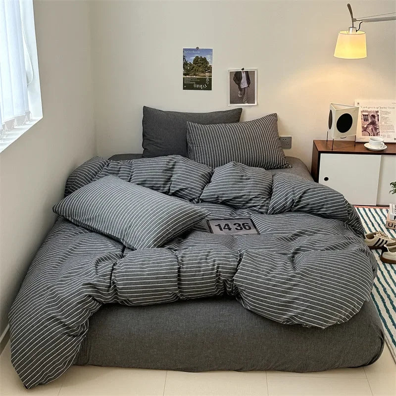 Afralia™ Nordic Striped Cotton Bed 4Pcs Fitted Sheet Set - Breathable & Skin-Friendly