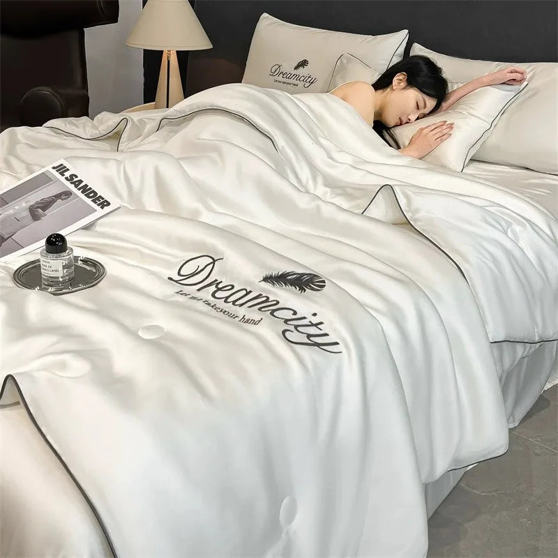 Afralia™ Nordic Style Floral Embroidered Ice Silk Comforter Set for Cooling Luxury Experience.