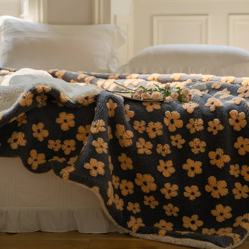 Afralia™ Vintage Floral Jacquard Lamb Wool Blanket for Bedroom Sofa Luxury Single Shawl