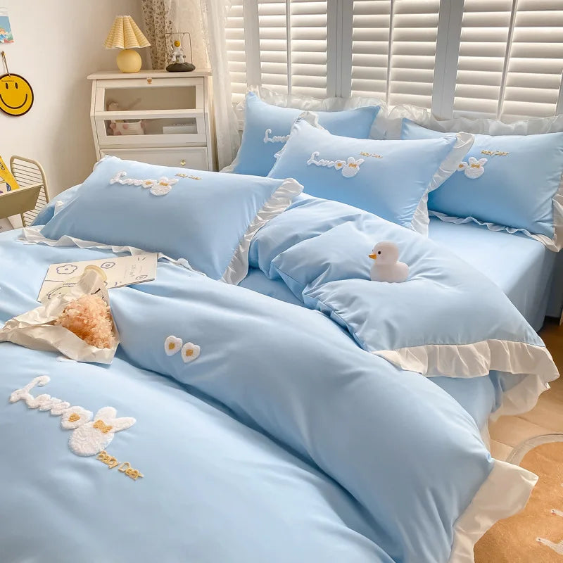 Afralia™ Cartoon Embroidery 100% Cotton Bedding Set King Queen Bedclothes