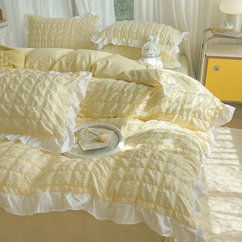 Afralia™ Bubble Cotton Lace Bedding Set: Super Soft, Cooling, Breathable, Solid Color, Summer Comfort.