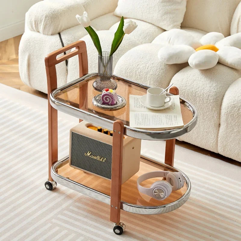 Afralia™ Nordic Wood End Table Tea Table, Movable Trolley, Glass Top, Multifunctional Storage Rack.