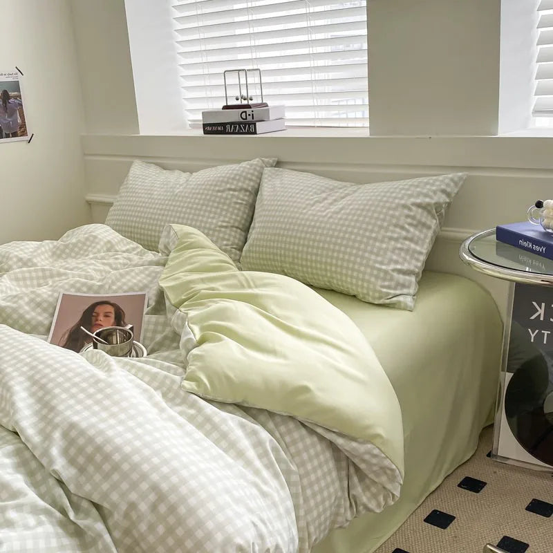 Afralia™ Japanese Grid Printed Cotton Bedding Set in Queen/King for Cozy Sleep
