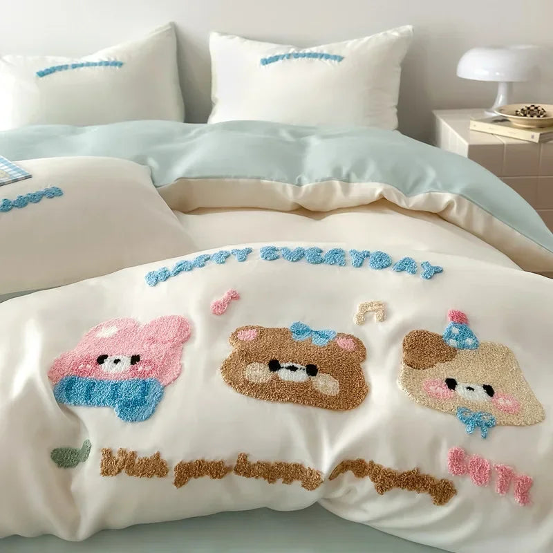 Afralia™ Cartoon Embroidery Cotton Bedding Set - Summer Cool, Skin Friendly Flat Sheet Kit
