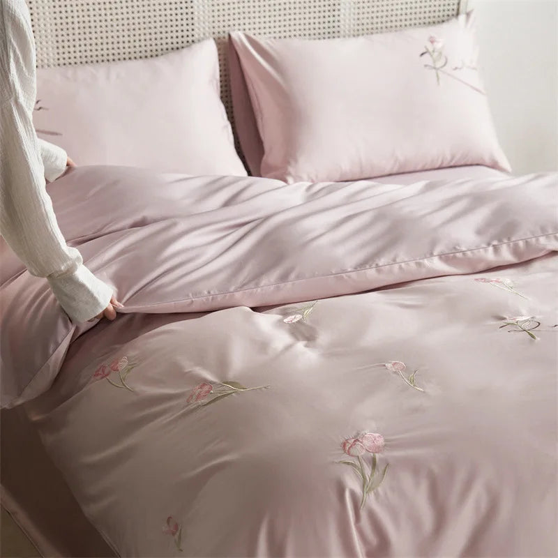 Afralia™ Luxury 100S Long Staple Cotton Embroidery Bedding Set, Ultra Soft Solid Duvet Cover, Double King Size