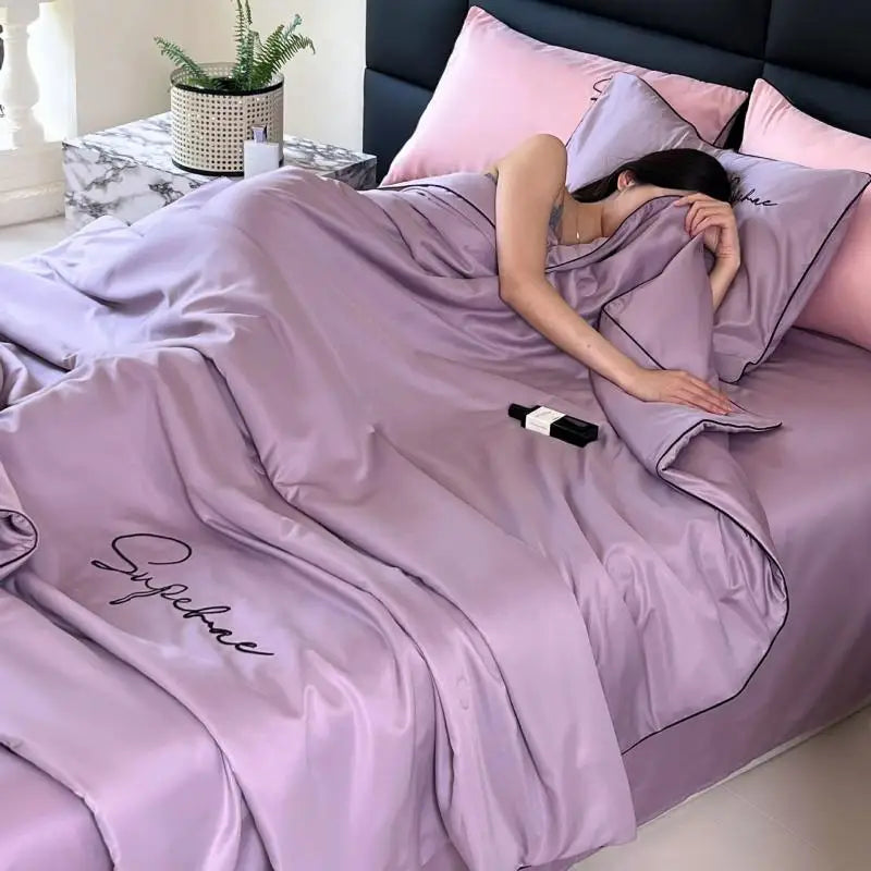 Afralia™ Summer Embroidered Thin Quilt Set with Sheets Pillowcases, Ice Air-Conditioned Quilt