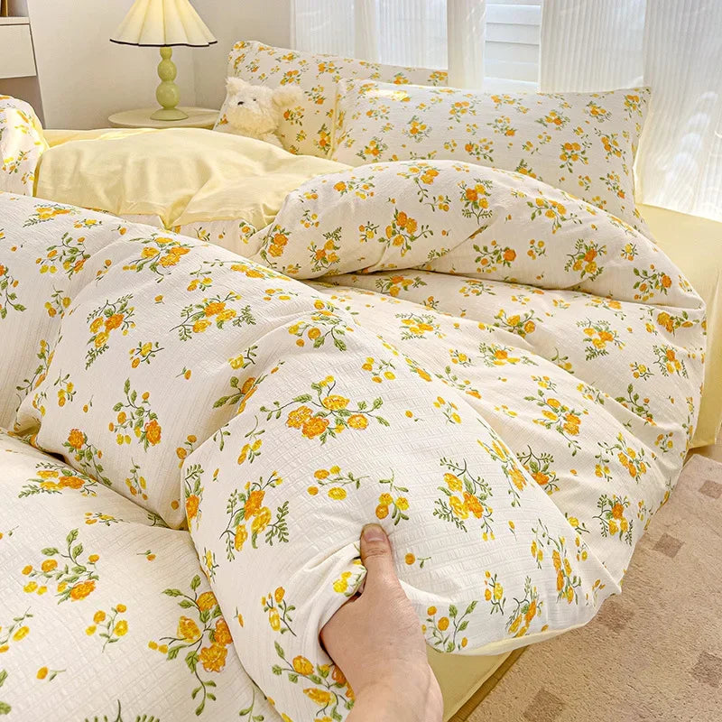 Afralia™ Cotton Flower Printed Comforter Set: Breathable Double-Layer Yarn, Soft Bedding for Girls
