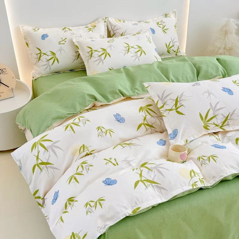 Afralia™ Cozy Flower Print Bedding Set: Brushed Cotton, Skin-Friendly, Soft, Thick, 4Pcs