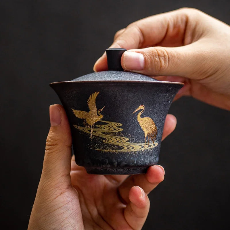 Afralia™ Handmade Ceramic Gaiwan Tea Cup Kung Fu Tea Set Tureen Drinkware