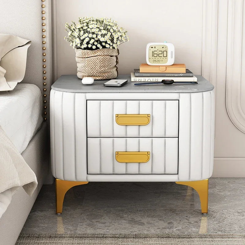 Afralia™ Rock Bed Edge Cabinet with Drawers, Modern Luxury Leather Master Bedroom Bedside Table