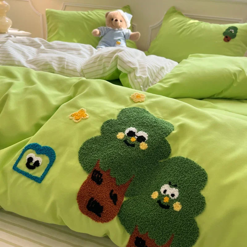 Afralia™ Cartoon Embroidery Jacquard Comforter Sets | Washed Cotton | Soft Skin-Friendly Bed Linen