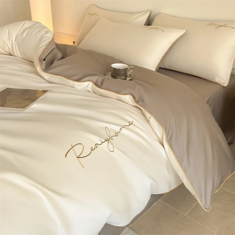Afralia™ Pure Cotton Luxury Embroidery Bedding Set - Nordic Solid Color Duvet Bedclothes