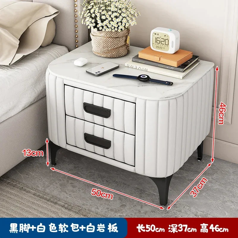Afralia™ Rock Bed Edge Cabinet with Drawers, Modern Luxury Leather Master Bedroom Bedside Table