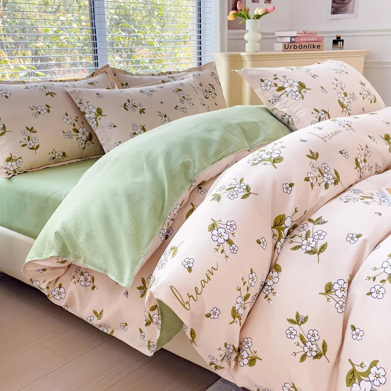 Afralia™ Cozy Flower Print Bedding Set: Brushed Cotton, Skin-Friendly, Soft, Thick, 4Pcs