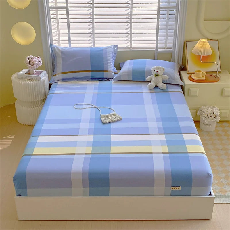 Afralia™ Cotton Striped Fitted Bed Sheet for Queen Double Mattress Cover