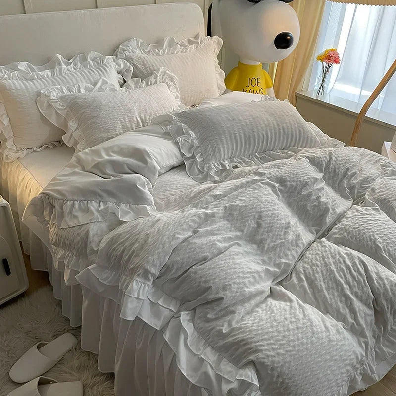 Afralia™ Lace Trim Washed Cotton Bedding Set - 4Pcs Solid Color Duvet Cover & Bed Skirt