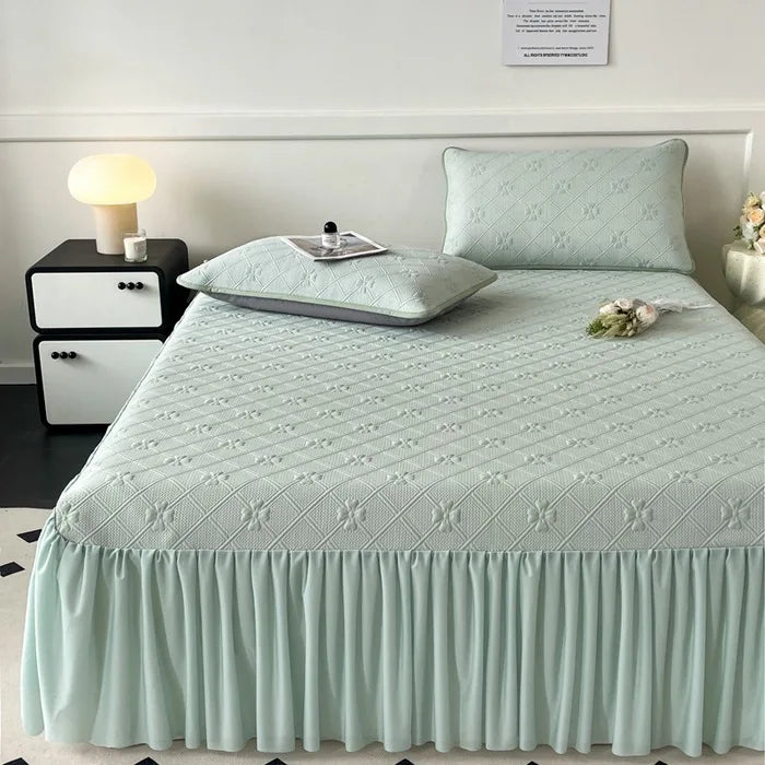 Afralia™ Ice Bean Jacquard Bed Skirt Set - 3 Piece, Summer Washed Mattress Mat