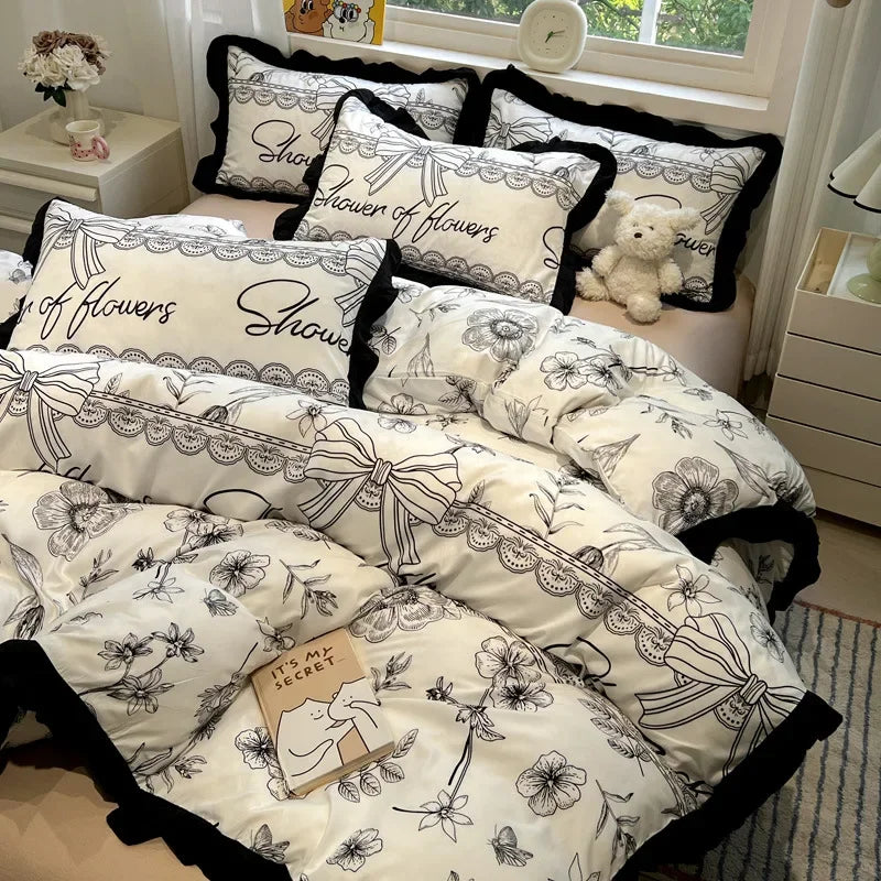 Afralia™ Black White Printed Bed Skirt Bedding Set - Cozy Skin Friendly Linens
