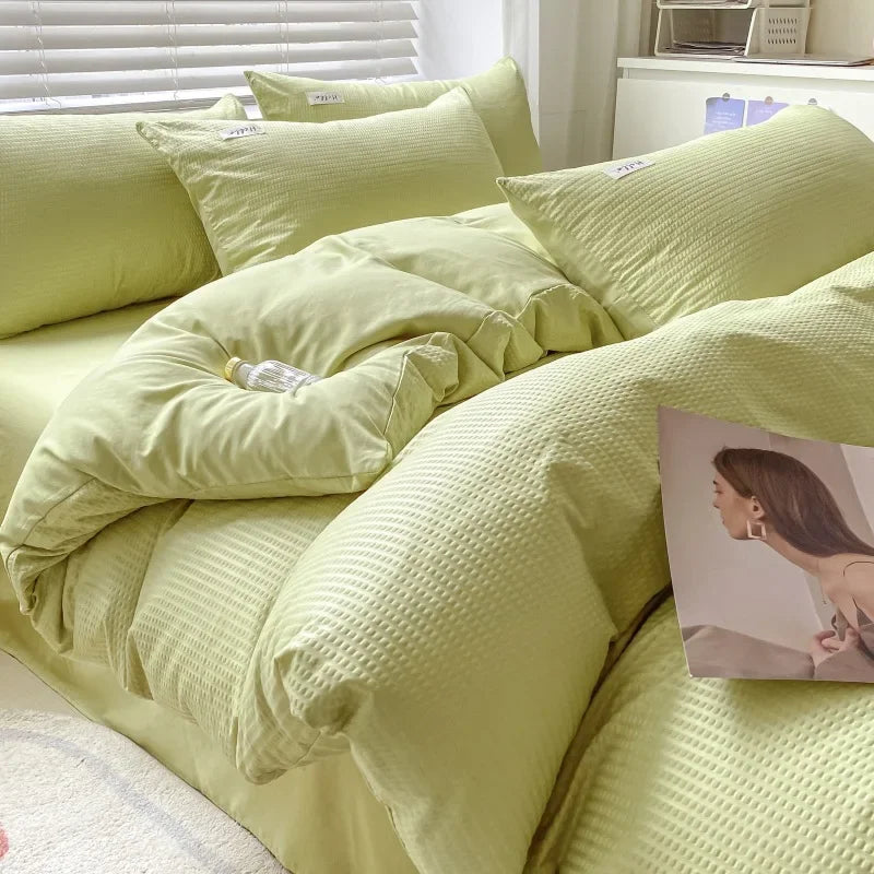 Afralia™ Soft Waffle Comforter Set with Printed Fitted Sheet for Single Double Beds