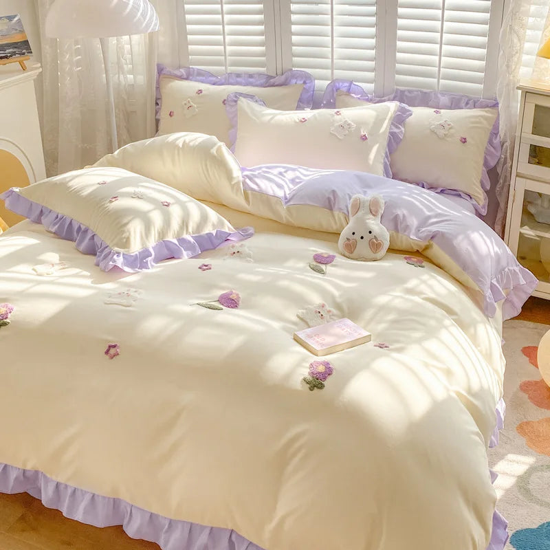 Afralia™ Cartoon Embroidery 100% Cotton Bedding Set King Queen Bedclothes