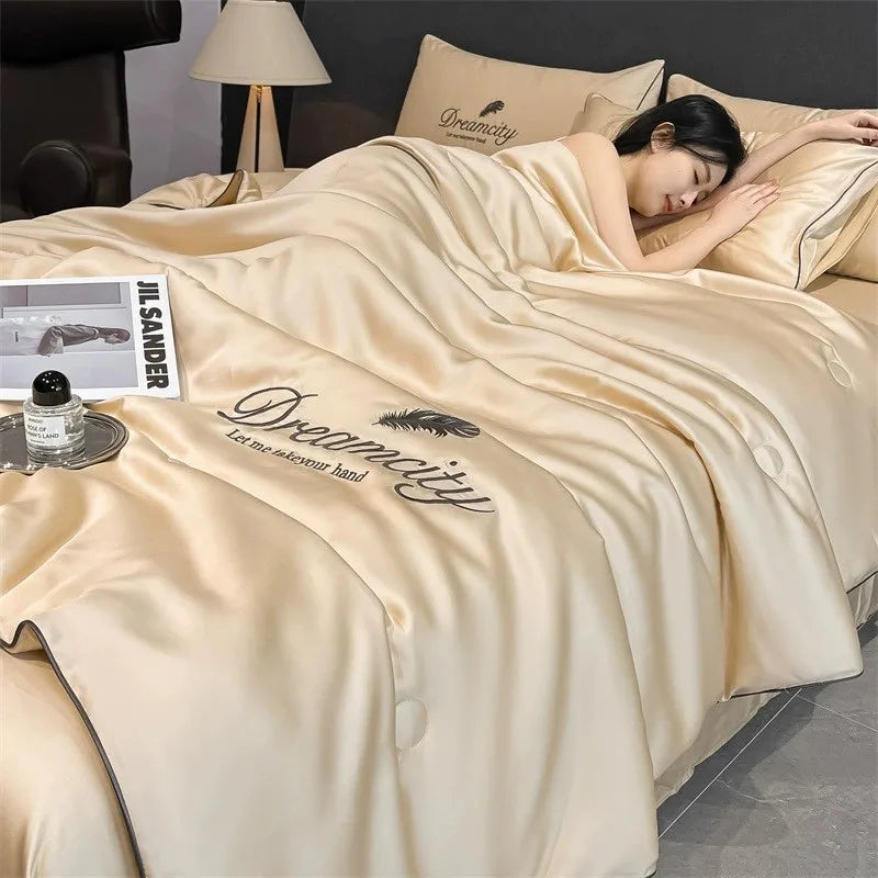 Afralia™ Nordic Style Floral Embroidered Ice Silk Comforter Set for Cooling Luxury Experience.