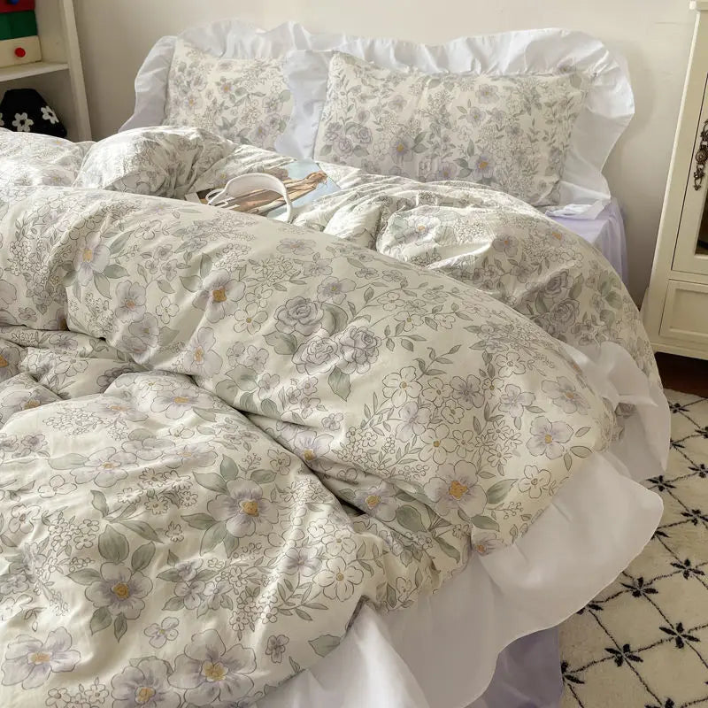Afralia™ Romantic Floral Print Bedding Set with Lace – Gentle & Comfortable Bedclothes for Girls