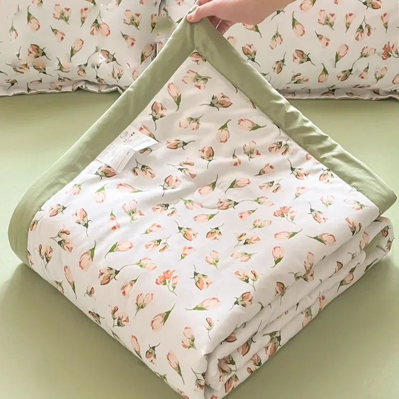 Afralia™ Fashion Flower Print Cool Blanket for Summer Comforter Single Double Bed Home Decor