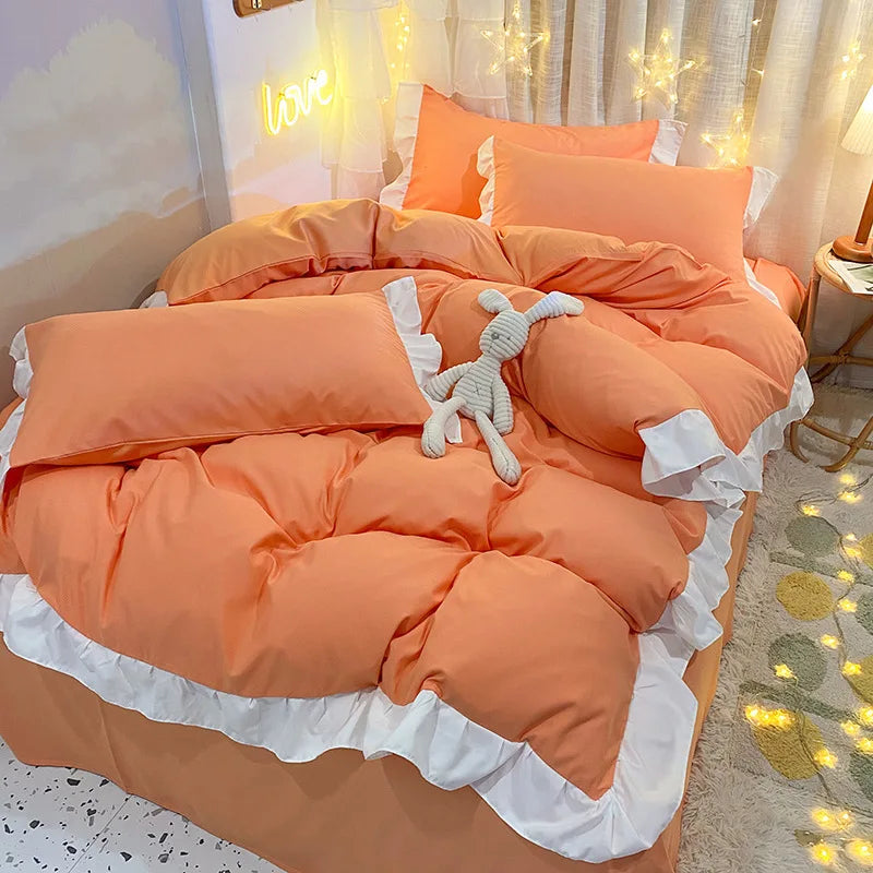 Afralia™ Pure Cotton Ruffle Edge Bedding Set in Solid Color, All Seasons, Single Queen Bed