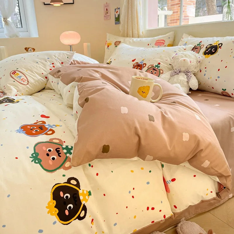 Afralia™ Cotton Cartoon Printed Bed Set with Non-Fading Floral Patterns for Adults