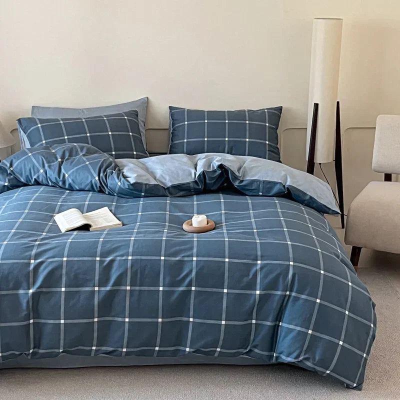 Afralia™ Soft Cotton Grid Printed Bedding Set for Single/Double Bed