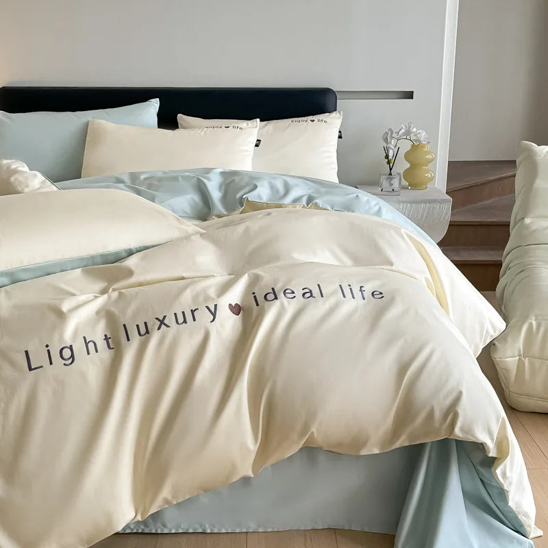 Afralia™ Pure Cotton Embroidered Bed Sets Solid Color Fitted Sheet Kit, Cozy Comforter Sets
