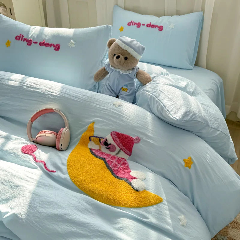 Afralia™ Cartoon Towel Embroidery Bedding Set - Queen Size Bedclothes