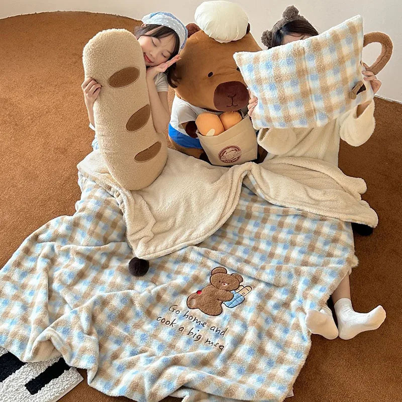 Afralia™ Cartoon Patch Woolen Blanket with Fur Balls for Single Bed