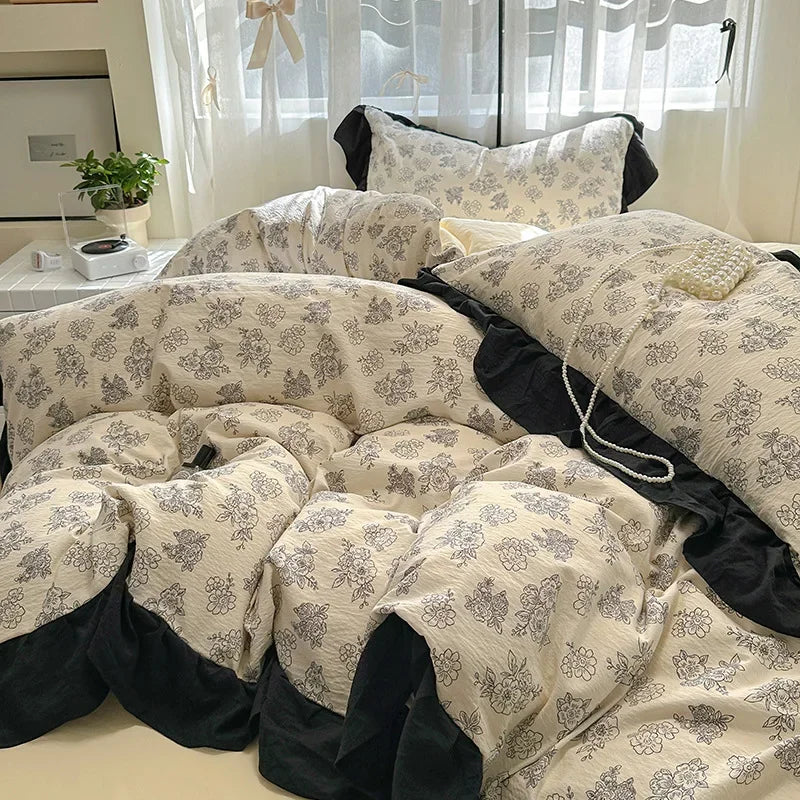Afralia™ French Washed Cotton Princess Flower Quilt Cover Set - Spring Floral Bedding