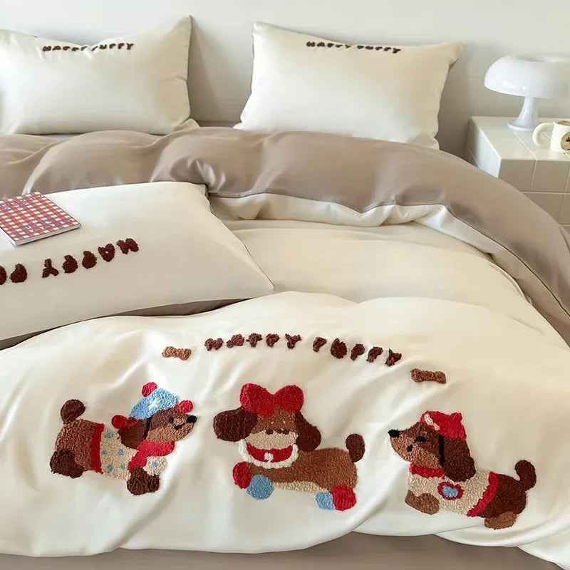 Afralia™ Cartoon Embroidery Cotton Bedding Set - Summer Cool, Skin Friendly Flat Sheet Kit