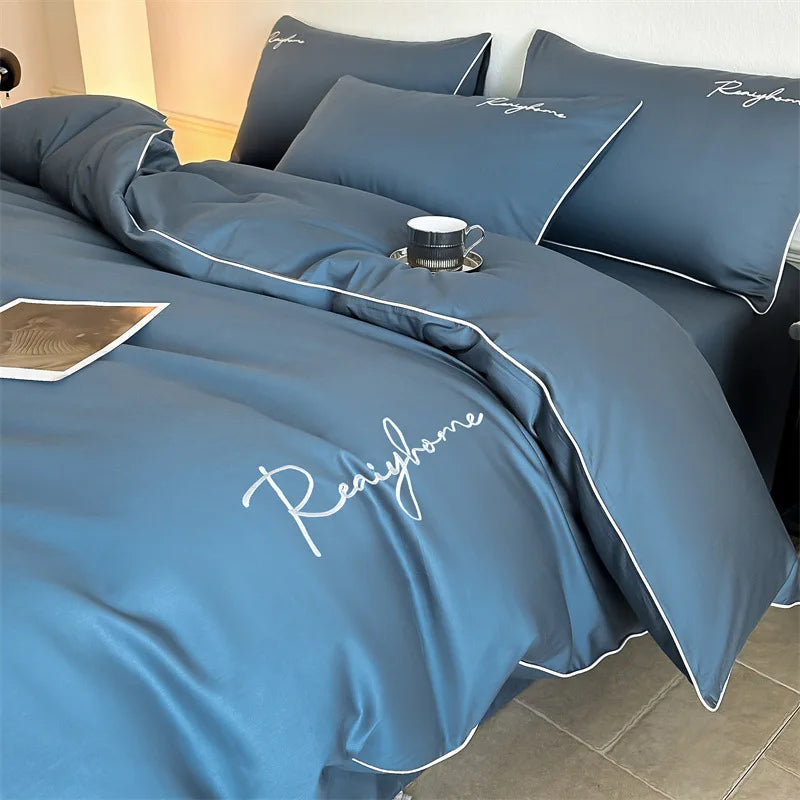 Afralia™ Pure Cotton Luxury Embroidery Bedding Set - Nordic Solid Color Duvet Bedclothes