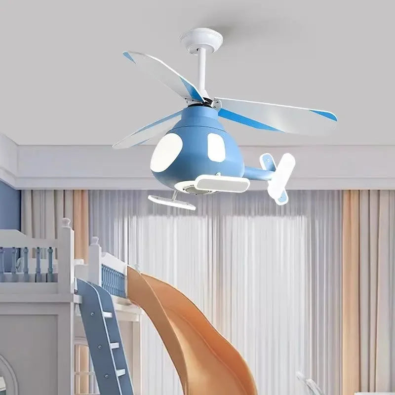 Afralia™ Kids' Helicopter Ceiling Fan with LED Light Chandelier - Modern Aircraft Design