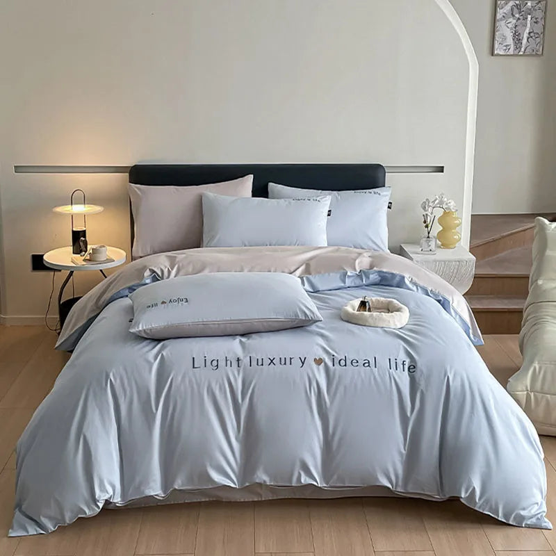 Afralia™ 120S Long Staple Cotton Satin Embroidery Bedding Set - Solid Color Twin Full Double Comforter